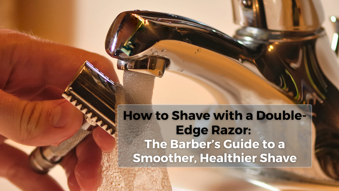 Rinsing a DE safety razor under running water before shaving – part of Burke Avenue’s shaving guide for sensitive skin.