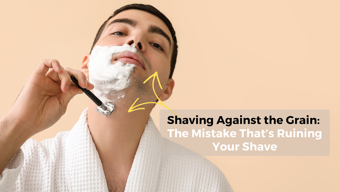 Man shaving against the grain on his neck with a safety razor, highlighting common shaving mistake that causes razor bumps, irritation, and skin damage.