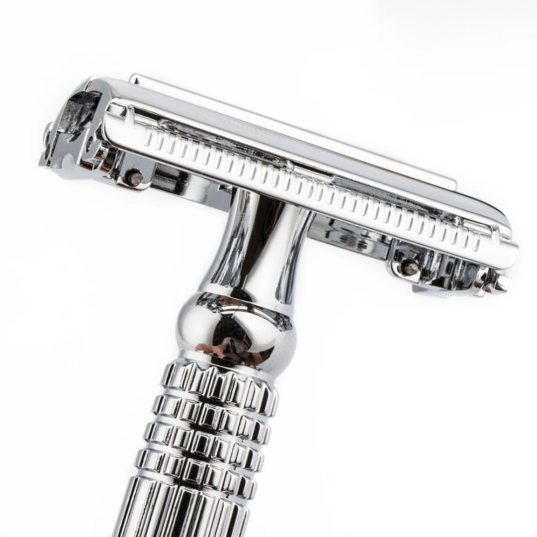Close-up view of the razor head on the Burke Avenue Stainless Steel Butterfly Safety Razor