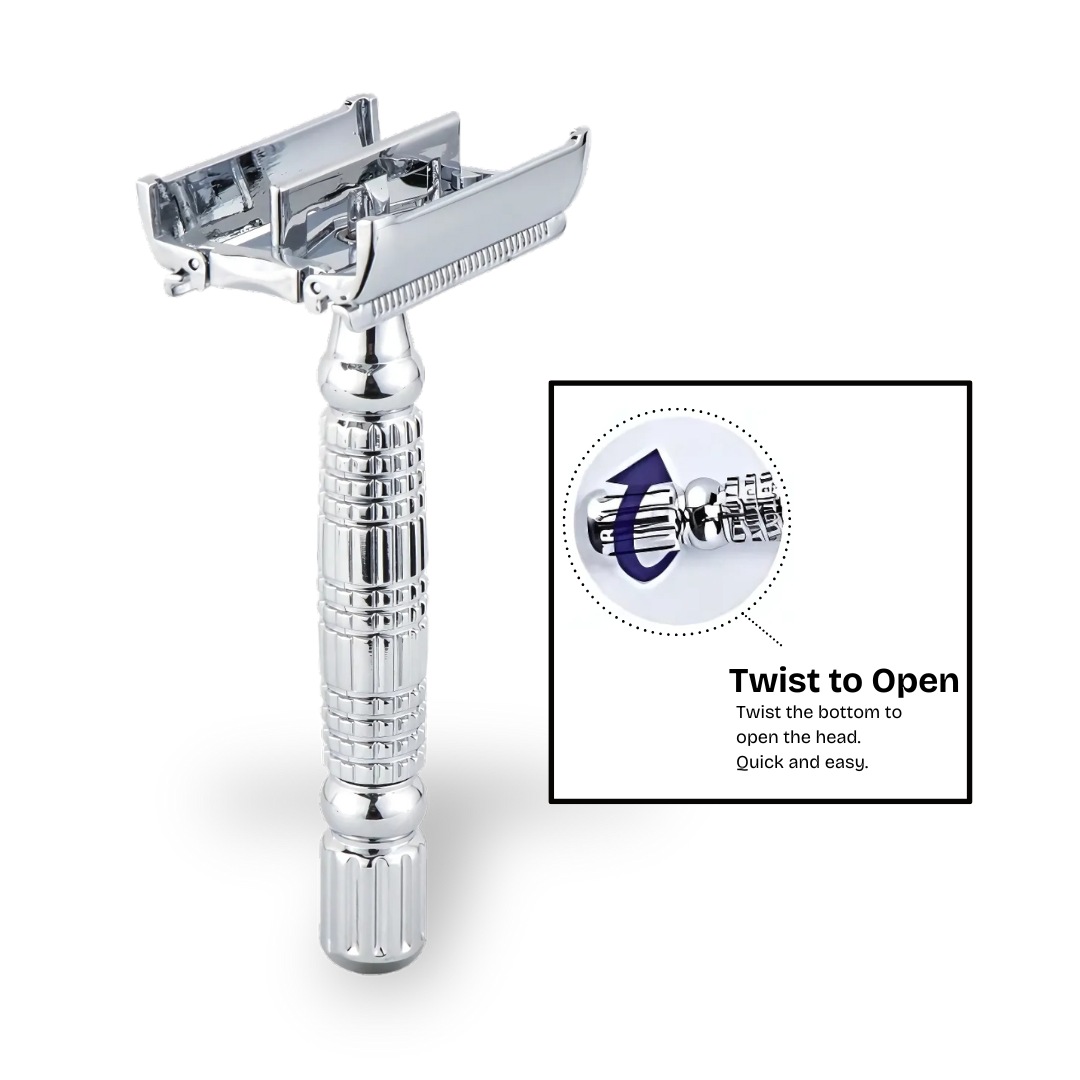 Burke Avenue Stainless Steel Butterfly Razor with twist-to-open mechanism highlighted
