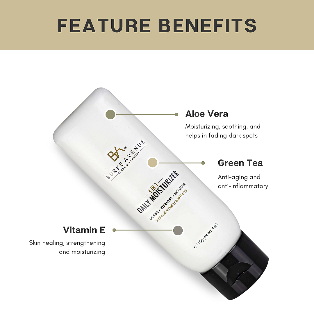 Burke Avenue 3 in 1 Daily Moisturizer – hydrates, soothes and protects skin - feature benefits