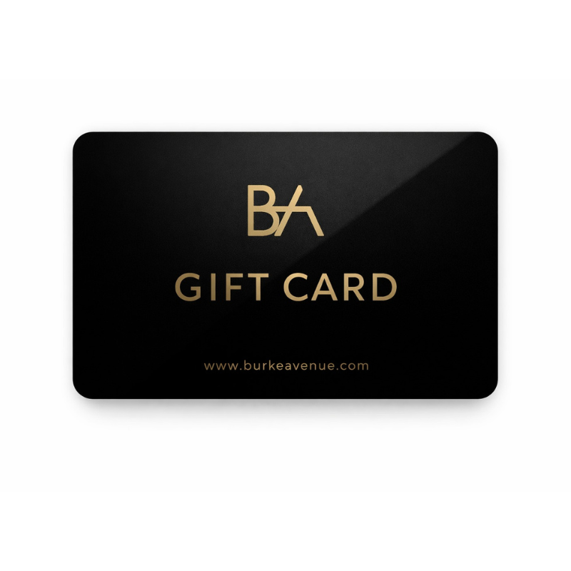 Black Burke Avenue gift card with gold text and logo on a white 