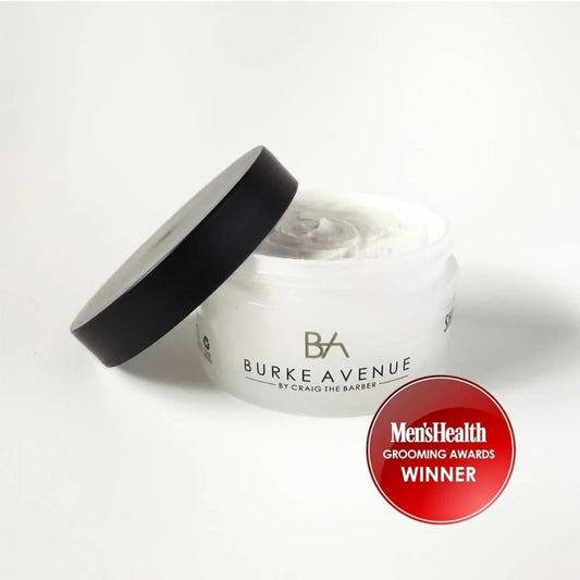 Burke Avenue Moisturizing Shave Cream with Men’s Health Grooming Awards Winner badge on white background