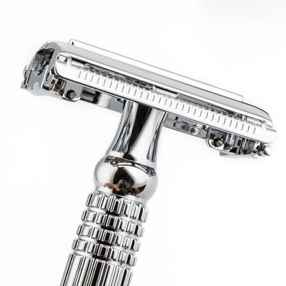 Close-up view of the razor head on the Burke Avenue Stainless Steel Butterfly Safety Razor