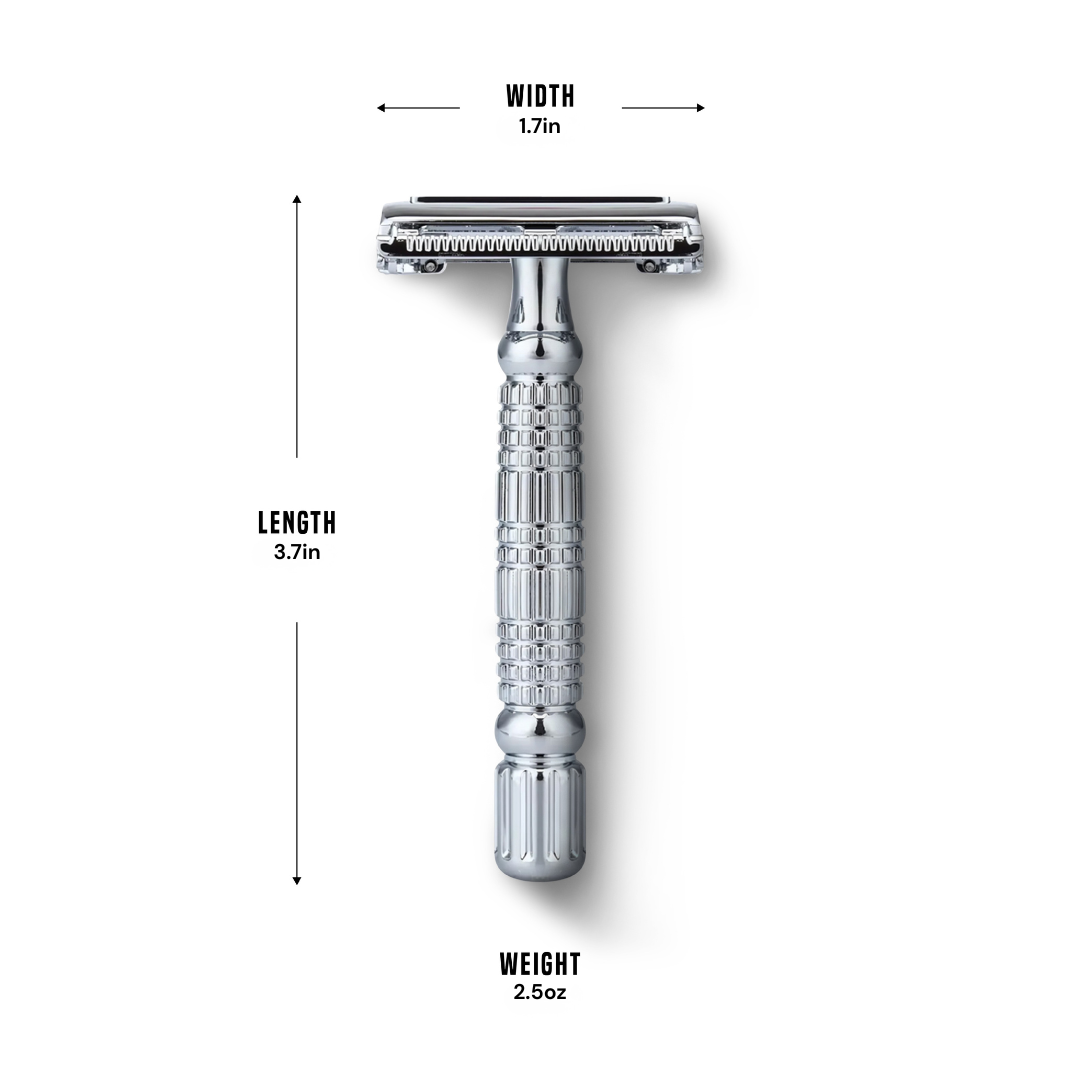 Front view of My-Blades chrome butterfly safety razor with dimensions 3.7in length, 1.7in width, and weight 2.5oz.