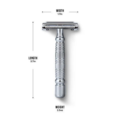 Front view of My-Blades chrome butterfly safety razor with dimensions 3.7in length, 1.7in width, and weight 2.5oz.