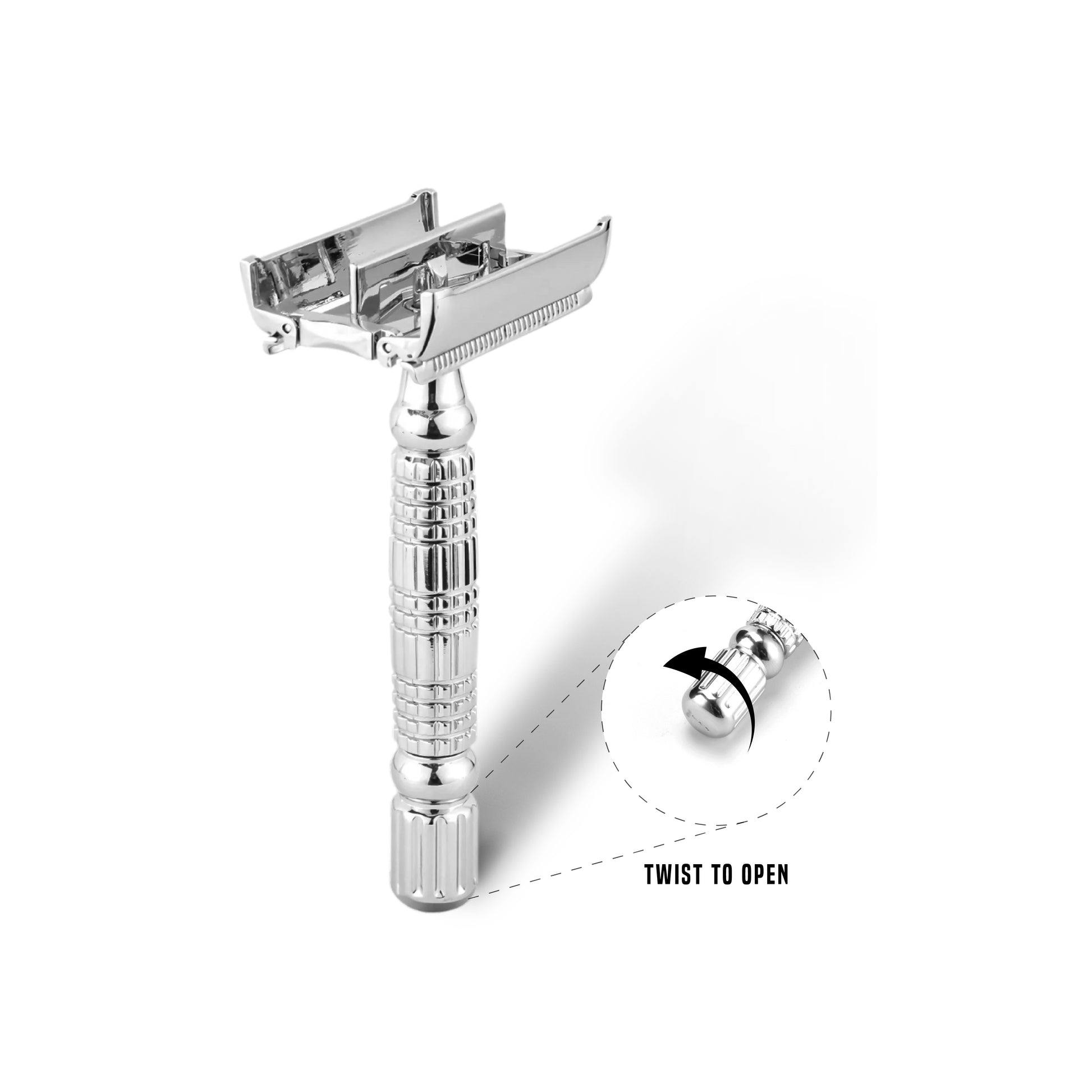 Close-up of My-Blades chrome butterfly safety razor showing twist-to-open mechanism for easy blade replacement.