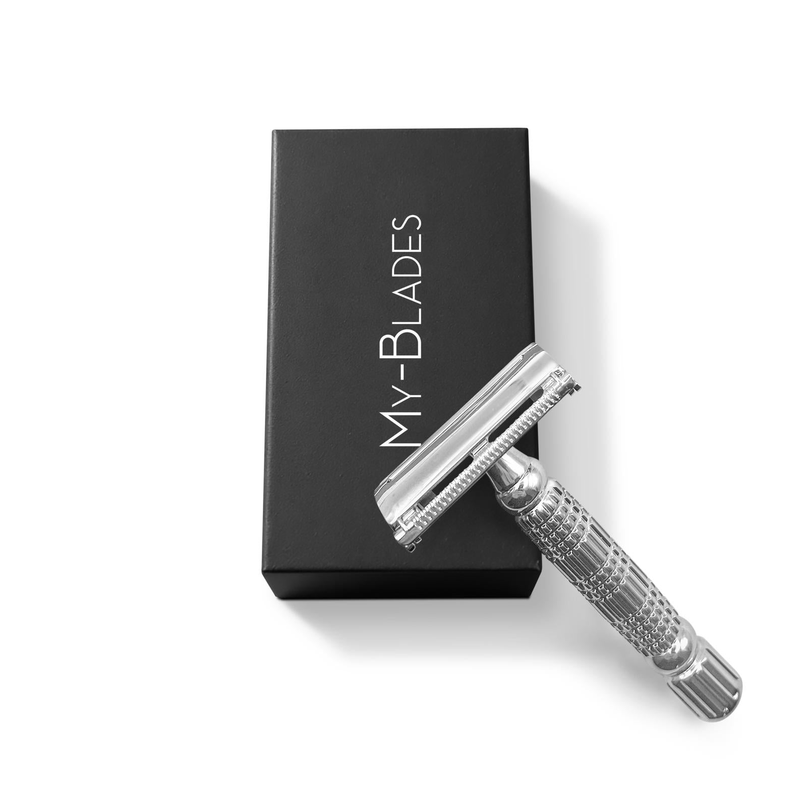 My-Blades chrome double-edge safety razor displayed beside black branded box on clean white background.