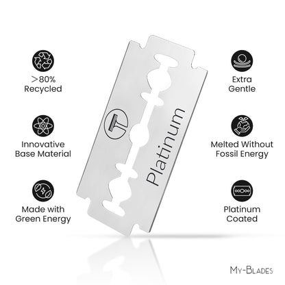 Platinum double edge razor blade made in Germany, eco-friendly and platinum-coated for a smooth, gentle shave. Features >80% recycled material, green energy, and fossil-free steel.